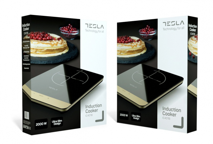 Plita portabila cu inductie Tesla IC401B, 2000W, 25x25cm, 8 niveluri putere, senzor touch control, sistem de stingere automata, Sticla, Negru/auriu [7]
