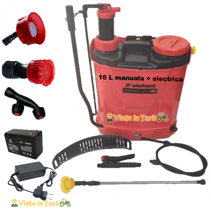 Pompa de stropit electrica si manuala 2 in 1, 16 litri, 6 bari, regulator presiune elefant cu baterie acumulator si manuala [3]