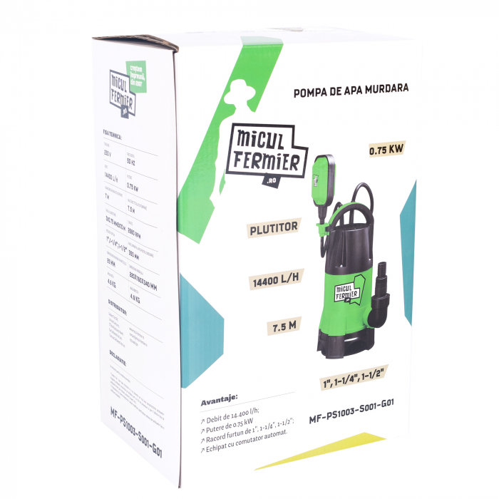 Pompa apa murdara cu tocator si plutitor, 750W, 14400l/h, 7.5m + Furtun apa transparent cu insertie 1" Ø32 - 50 m, Micul Fermier GF-0845 [4]