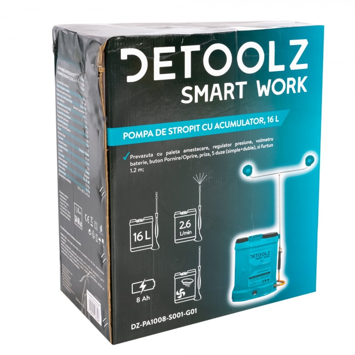 Pompa de stropit cu acumulator 12V/8Ah, debit 2.6L/min, presiune 5.5 bari, Detoolz 16L [9]