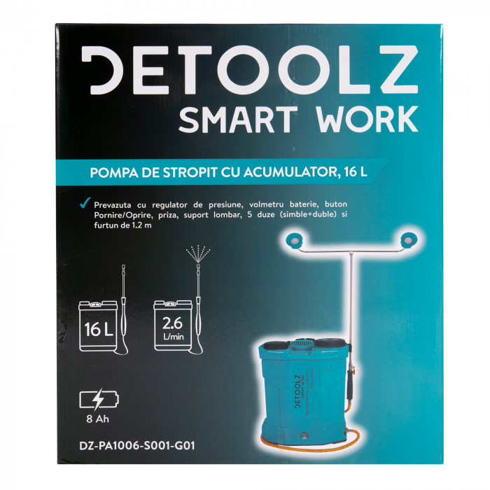 Pompa de stropit cu acumulator, Detoolz 16L, debit 2.6 l/ min, presiune 5.5 bar, DZ-PA1006-S001-G01 [18]
