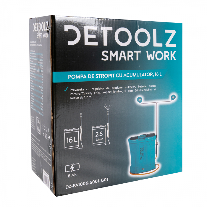 Pompa de stropit cu acumulator, Detoolz 16L, debit 2.6 l/ min, presiune 5.5 bar, DZ-PA1006-S001-G01 [19]
