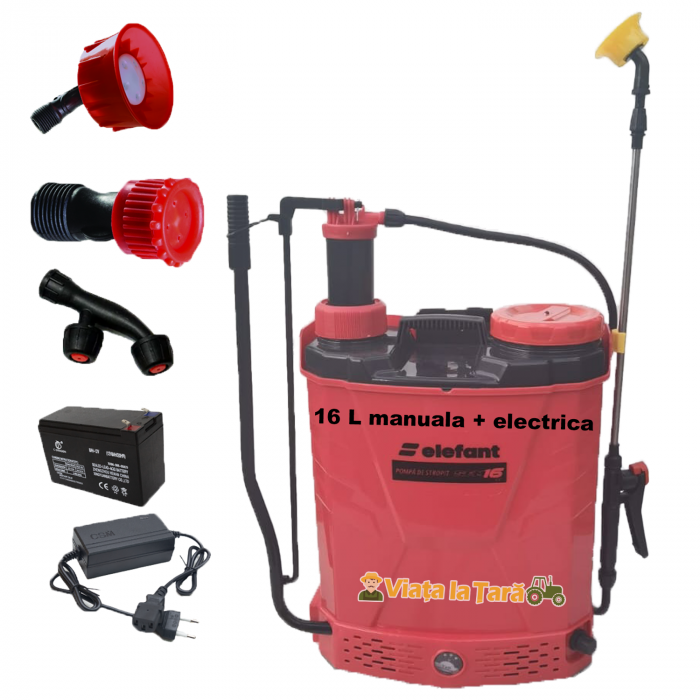 Pompa de stropit electrica si manuala ( 2 in 1 ) 16 Litri 6 Bar, regulator presiune, ELEFANT cu baterie acumulator si manuala [1]
