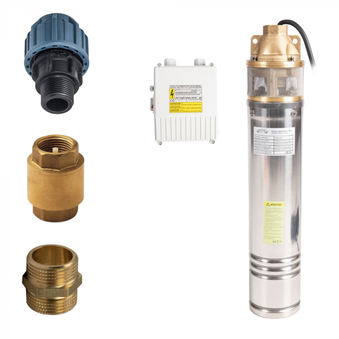 Pachet Pompa Submersibilă Micul Fermier 1300W, 60m, 3000l/h, 1", Cu Bobinaj Cupru + Niplu Alamă, Supapă de Sens, Racord PEHD [1]
