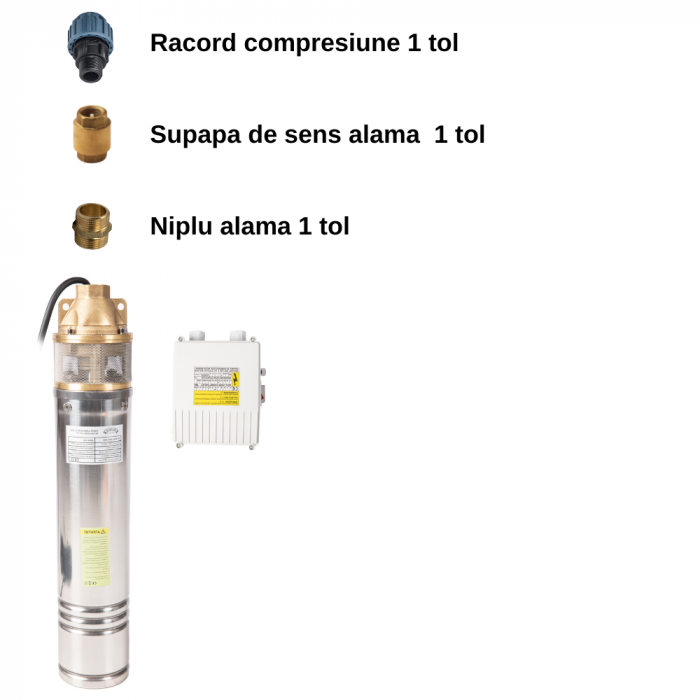 Pachet Pompa Submersibilă Micul Fermier 1300W, 60m, 3000l/h, 1", Cu Bobinaj Cupru + Niplu Alamă, Supapă de Sens, Racord PEHD [2]