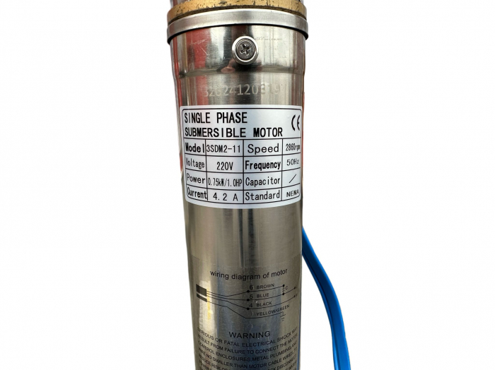 Pompă submersibilă 3SDM2-11 cu 11 turbine, motor monofazat 1.0HP, 0.75kW, 220V, 2860 rpm, debit 3.6 m³/h, H 44 m [4]