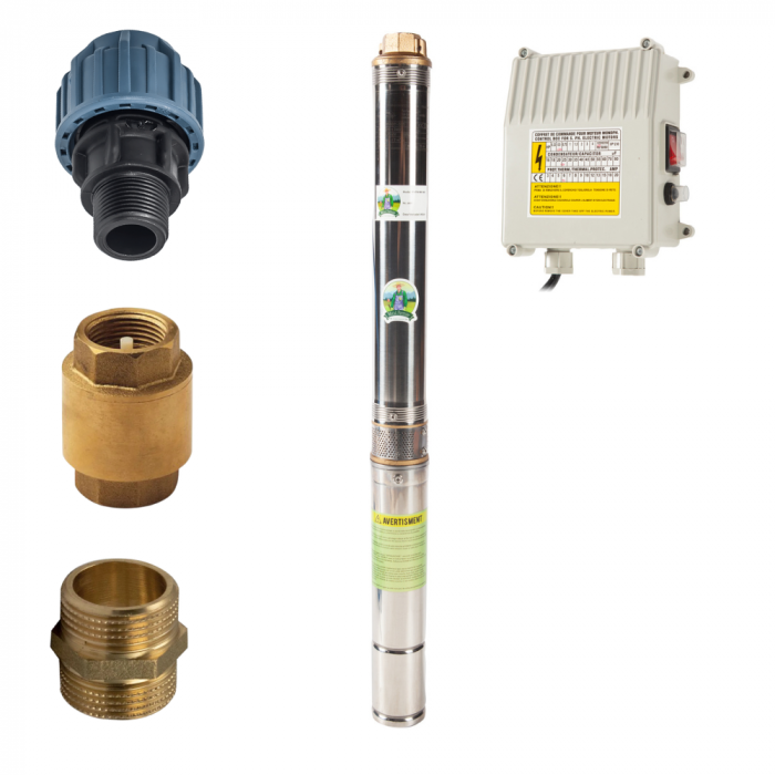 Pachet - Pompa submersibila, 75QJD 1.8-54/15-0.55, panou comanda, 75 mm, 750 W, debit  3 mc/h, Micul Fermier GF-0710-S001-G02 + Supapa + Niplu + Racord 1 tol [1]