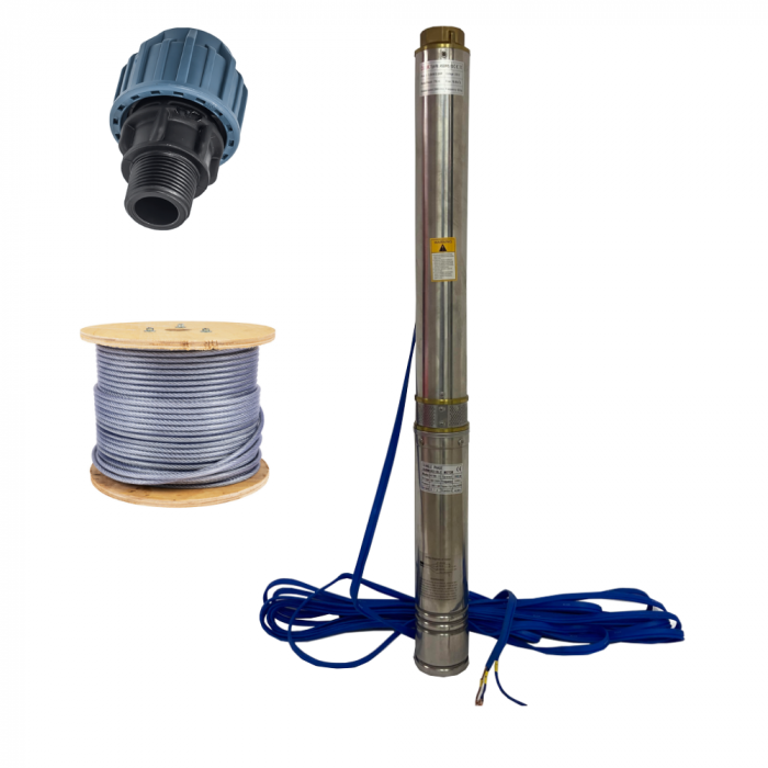 Pachet - Pompa submersibila 13 turbine DRK, Model 4SDM8-13, refulare 75 m, 1.5 kW/ 2HP, debit 10 m³/h + Racord compresiune 2 tol + Rola cablu otel zincat 4-5.5mm, lungime 100m [1]