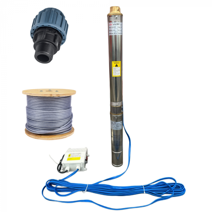 Pachet - Pompa submersibila 12 turbine DRK, 4STM10-12, 2 Țoli, 1.8kW, debit 14400 m/h + Racord compresiune 2 tol + Rola cablu otel zincat 4-5.5mm, lungime 100m [1]