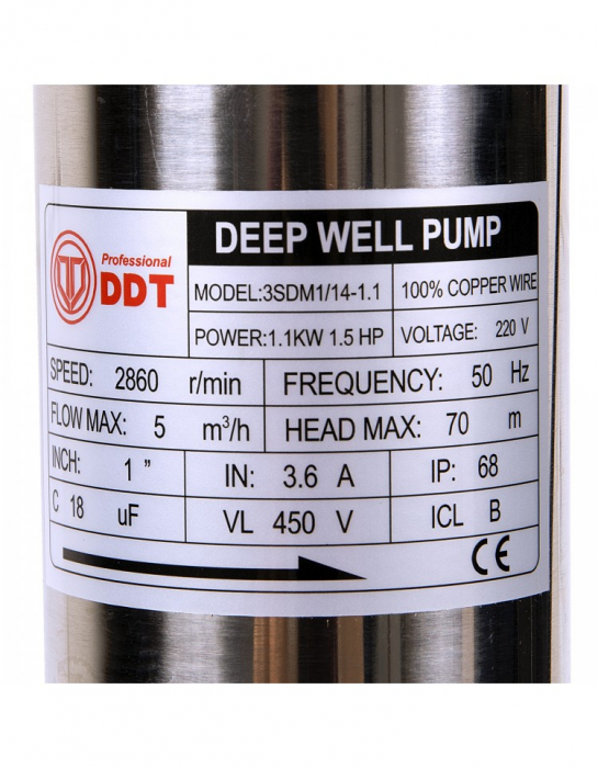 Pompa submersibila de mare adancime, DDT, 4SDM3-14, 1100 W, 14 turbine, Inox, 70m, bobinaj cupru [3]