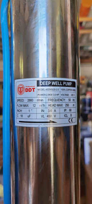 Pompa submersibila de mare adancime DDT, 4SDM3-20, refulare la 250 m, debit 12 m³/h, putere 2500 W, 20 turbine, Inox, 30 m cablu [4]