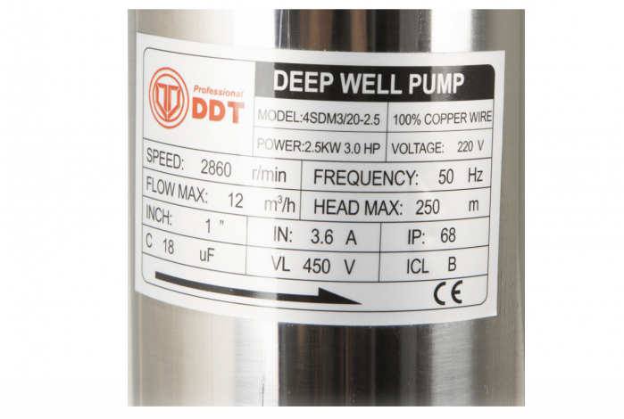Pompa submersibila de mare adancime DDT, 4SDM3-20, refulare la 250 m, debit 12 m³/h, putere 2500 W, 20 turbine, Inox, 30 m cablu [2]
