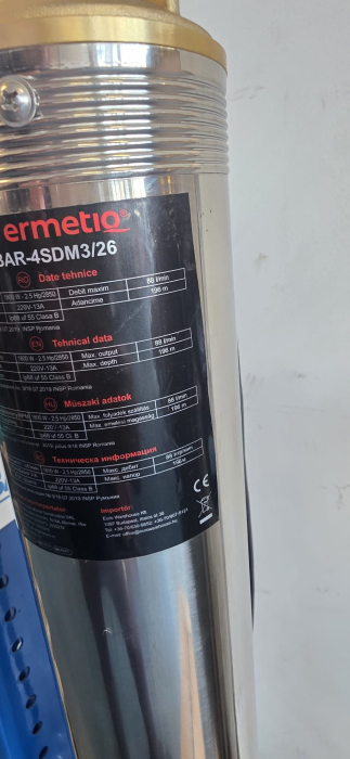 Pompa submersibila Ermetiq 4SDM3/26, 1800W, 26 turbine, Hmax 196 m, debit 5.3 mc/h, inox, cablu 30 m [3]