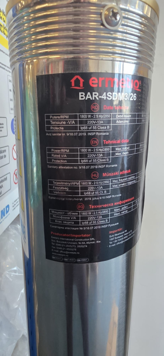 Pompa submersibila Ermetiq 4SDM3/26, 1800W, 26 turbine, Hmax 196 m, debit 5.3 mc/h, inox, cablu 30 m [2]