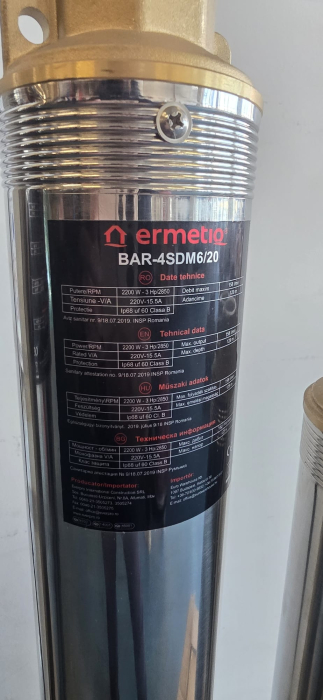 Pompa submersibilă Ermetiq 4SDM6/20, 2200W, 20 turbine, debit 9.5 mc/h, înălțime 129 m, inox, cablu 30 m [2]