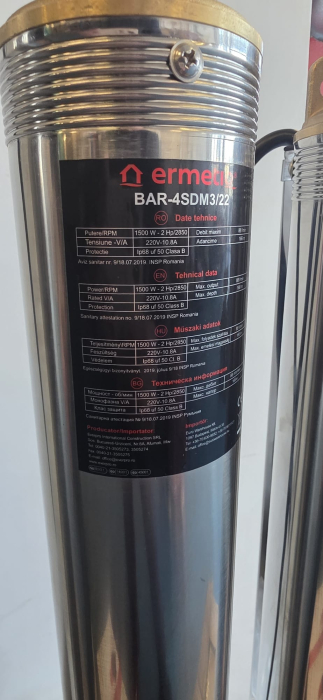 Pompa submersibila multietajata ERMETIQ BAR-4SDM3/22, 1.5 kW, 22 turbine, debit 5.3 m³/h, inox, cablu 30 m, diametru racord 1 1/2” [2]