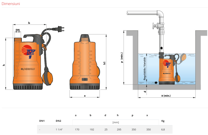 Pompa submersibila Pedrollo TOP MULTI 1, 0.37 kW, 75 l/min, H max 26 m, apa curata, 230V [3]