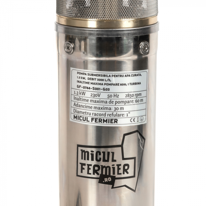 Pachet - Pompa submersibila Micul Fermier, putere 1.3kW, debit 3000l/h, inaltime maxima pompare 60m + Supapa + Niplu + Racord 1 tol [7]