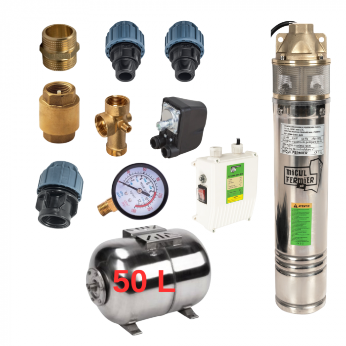 Pachet - Pompa submersibila, putere 1.3kW, debit 3000l/h, inaltime maxima pompare 60m, Micul Fermier + Kit sistem hidrofor [1]