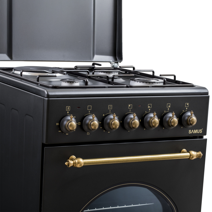 Resigilat - Aragaz Rustic Samus SR550EL3B1 – 3 Arzătoare pe Gaz + 1 Electric, + Diuze GPL, Cuptor Electric 48L, Clasa Energetică A, Negru [12]