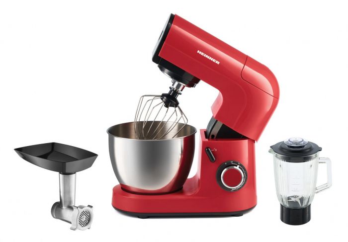 Robot de bucatarie Heinner ExpressRobot HPM-L1200RD, 1200W, angrenaje metalice, bol inox 4.5L, 6 viteze + Pulse, tel din inox, paleta si carlig din aluminiu turnat, accesorii incluse: masina de tocat [9]