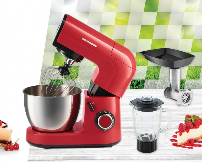 Robot de bucatarie Heinner ExpressRobot HPM-L1200RD, 1200W, angrenaje metalice, bol inox 4.5L, 6 viteze + Pulse, tel din inox, paleta si carlig din aluminiu turnat, accesorii incluse: masina de tocat [4]