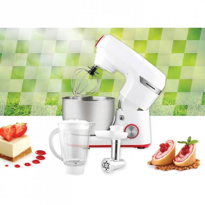 Robot de bucatarie Heinner HPM-1000WH, 1000W, accesoriu masina de tocat si blender, bol 5.5 L, 10 viteze + pulse, Alb [3]