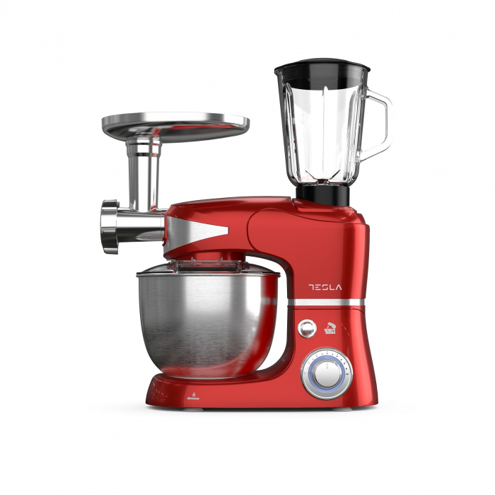 Robot de bucatarie Tesla KR600RA, 1000 W, 6 viteze, bol inox 5 litri, masina de tocat + blender, tel din inox, paleta+carlig, Rosu [1]