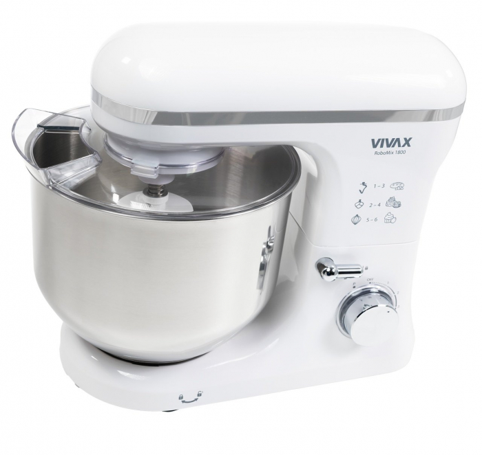 Robot mixer Vivax RM-71800WH , 1800 W, 6 Viteze + Turbo, 4 Accesorii, Bol otel inoxidabil, Alb/Argintiu [8]
