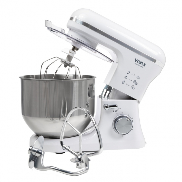 Robot mixer Vivax RM-71800WH , 1800 W, 6 Viteze + Turbo, 4 Accesorii, Bol otel inoxidabil, Alb/Argintiu [6]