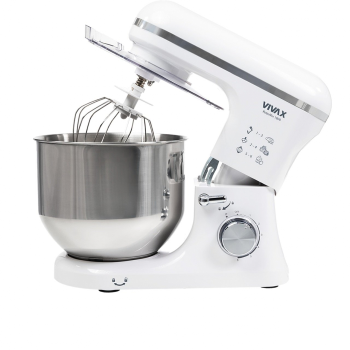 Robot mixer Vivax RM-71800WH , 1800 W, 6 Viteze + Turbo, 4 Accesorii, Bol otel inoxidabil, Alb/Argintiu [1]