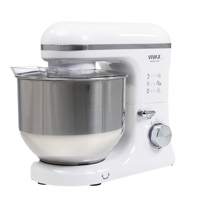 Robot mixer Vivax RM-71800WH , 1800 W, 6 Viteze + Turbo, 4 Accesorii, Bol otel inoxidabil, Alb/Argintiu [10]