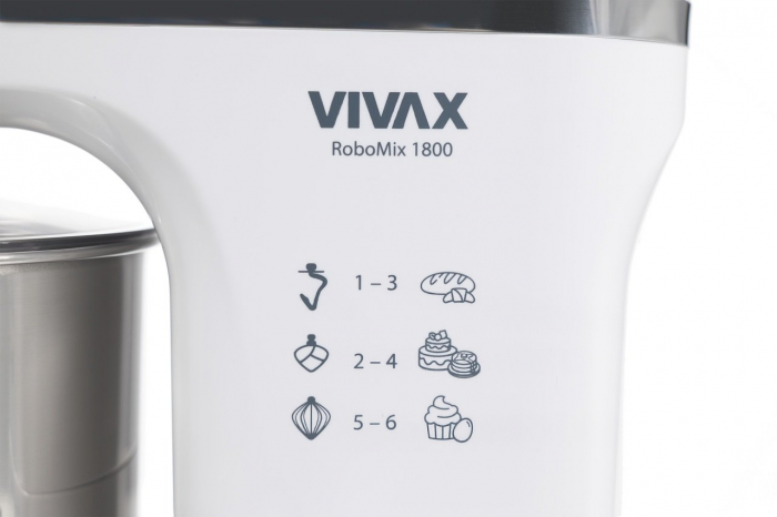 Robot mixer Vivax RM-71800WH , 1800 W, 6 Viteze + Turbo, 4 Accesorii, Bol otel inoxidabil, Alb/Argintiu [4]
