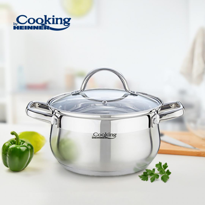 Semiolă Inox cu Capac Cooking by Heinner Amira, Capacitate 3,6 L, Diametru 20 cm, Bază Capsulată în 5 Straturi, Compatibilă cu Inducție, Capac din Sticlă Termorezistentă, Inox [3]