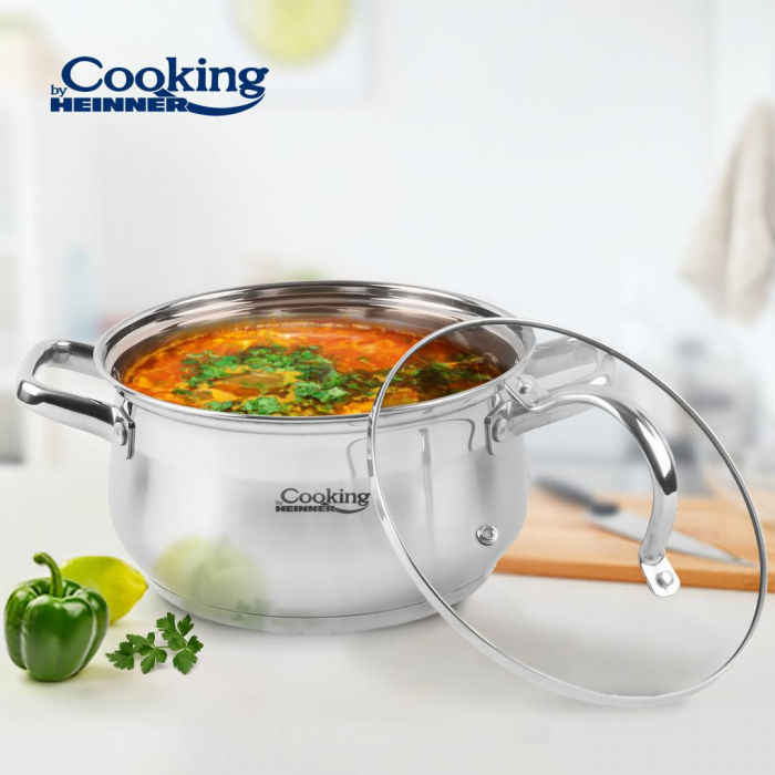 Semiolă Inox cu Capac Cooking by Heinner Amira, Capacitate 6,1 L, Diametru 24 cm, Bază Capsulată în 5 Straturi, Compatibilă cu Inducție, Capac din Sticlă Termorezistentă, Inox [4]