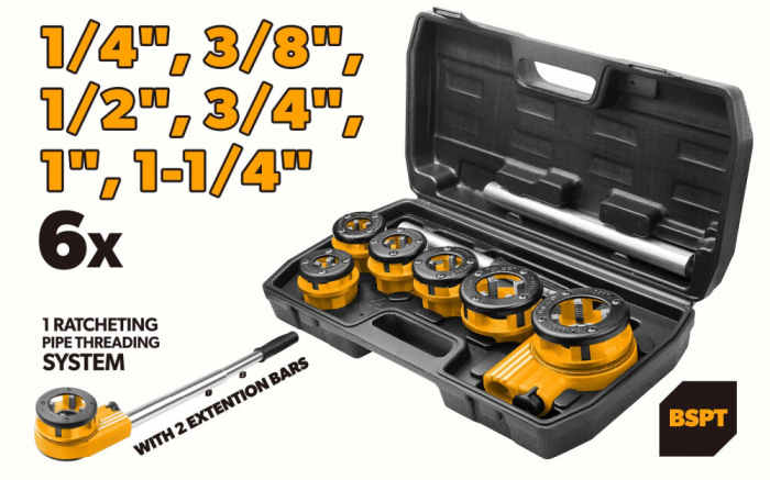 Set de filetare, filiere tevi din 9 bucati, 1/4”, 3/8”, 1/2’, 3/4”, 1”, 1-1/4”, Industrial - Tolsen [2]