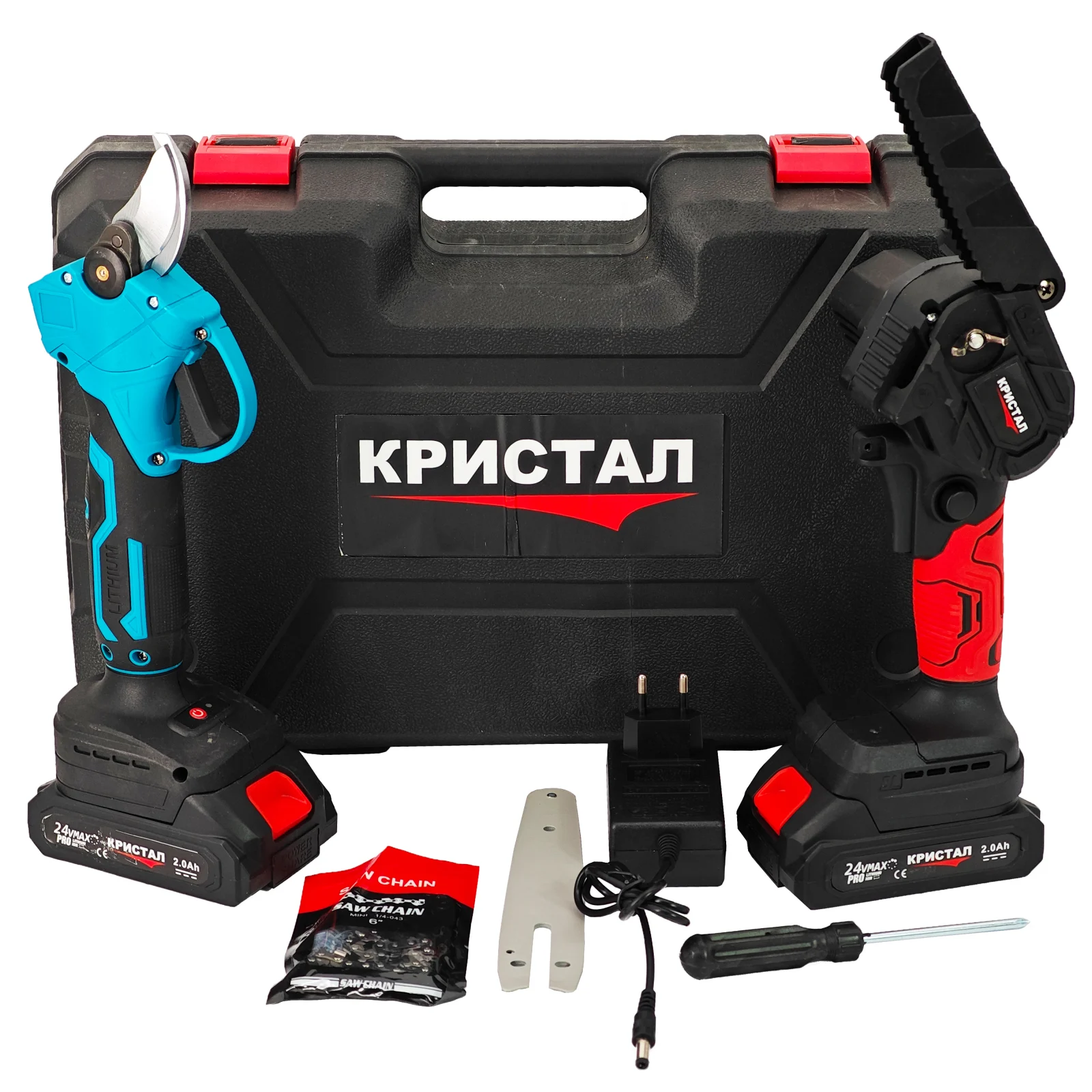 Set foarfeca & Mini drujba cu 2 acumulatori DDT-CRISTAL, incarcator, accesorii incluse, 24 V, 2 Ah [10]