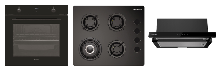 Set incorporabil Pyramis 30P – cuptor electric 78L, clasa A, 9 moduri, Soft Close, plită gaz 4 arzătoare cu wok și grătare fontă, hotă telescopică inclusă, design sticlă neagră [1]