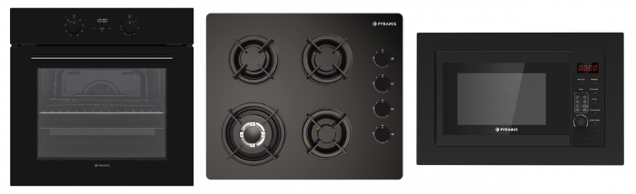 Set incorporabil Pyramis 36P MWO, cuptor electric multifuncțional 69L, 8 funcții, clasa A, plită gaz 4 arzătoare cu Wok și grătare fontă, cuptor cu microunde 900W, finisaj sticlă neagră modernă [1]