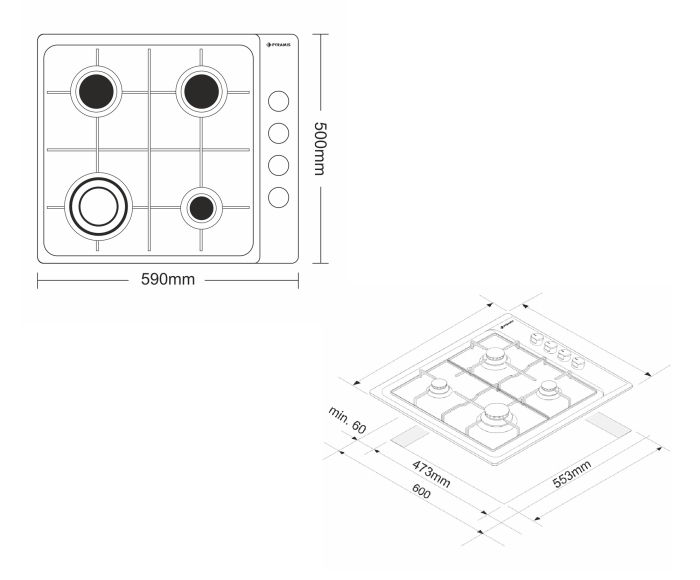 Set incorporabil Pyramis Megalo Premium Inox 1P – cuptor electric 69L, clasa A, 8 funcții, control cu butoane mari, timer mecanic, ghidaje cromate și plită gaz 4 arzătoare fontă cu wok [4]