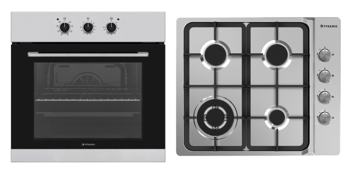 Set incorporabil Pyramis Megalo Premium Inox 1P – cuptor electric 69L, clasa A, 8 funcții, control cu butoane mari, timer mecanic, ghidaje cromate și plită gaz 4 arzătoare fontă cu wok [1]