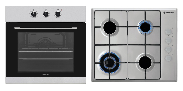 Set incorporabil Pyramis Megalo Premium Inox 2P – cuptor electric 69L, clasa A, 8 funcții, timer mecanic, butoane mari, ghidaje cromate și plită gaz 4 arzătoare cu wok, grătare emailate, inox [1]