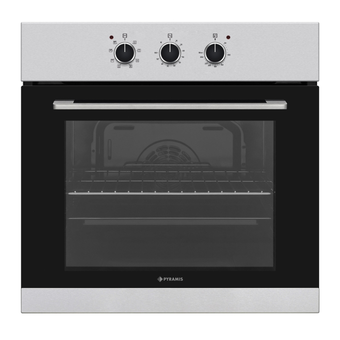 Set incorporabil Pyramis Megalo Premium Inox 2P – cuptor electric 69L, clasa A, 8 funcții, timer mecanic, butoane mari, ghidaje cromate și plită gaz 4 arzătoare cu wok, grătare emailate, inox [2]