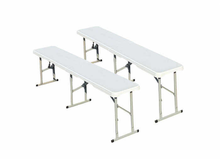 Set Masă cu 2 Bănci Pliabile, Material HDPE Alb, Structură Oțel Ø25mm, Dimensiuni Banca: 182x28x43 cm [2]
