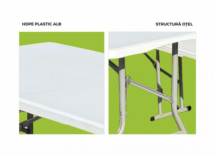 Set Masă cu 2 Bănci Pliabile, Material HDPE Alb, Structură Oțel Ø25mm, Dimensiuni Banca: 182x28x43 cm [6]
