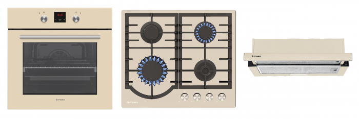 Set Pyramis 21P Beige, cuptor electric incorporabil 69L cu 9 funcții și Soft Close, plită gaz 4 arzătoare cu grătare fontă și butoane retractabile, hotă telescopică 328 m³/h, finisaj sticlă bej [1]