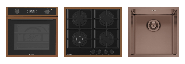 Set Pyramis 22P PVD Cooper, cuptor electric clasa A 64L, 8 funcții, Soft Close, AirFry, Rotisor, autocurățare catalitică, plită gaz cu wok și grătare fontă, chiuvetă inox, finisaj PVD negru [1]