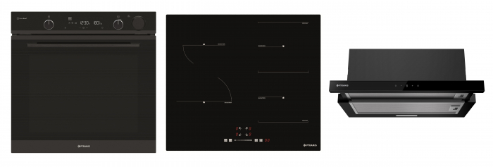 Set Pyramis 32P Premium Black, cuptor electric 78L clasa A, 10 funcții, plită inducție 4 zone + 1 Bridge, Steam Base+, hotă telescopică 597 m³/h, sticlă neagră [1]