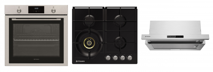 Set Pyramis 33P Ix Bk, cuptor electric 78L, 10 funcții, plită gaz 4 arzătoare Wok Honey Comb, hotă telescopică 573 m³/h, finisaj inox și sticlă neagră [1]