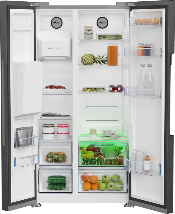 Side by side Beko GN162340XBRN, 571 l, Clasa E, NeoFrost Dual Cooling, HarvestFresh, Ice fall, Water dispenser, Compresor inverter, Display touch control, H 179 cm, Dark Inox [5]
